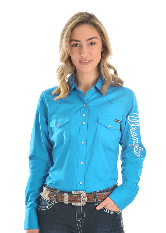 WMNS LOGO LS DRILL SHIRT - Aqua - Size 8