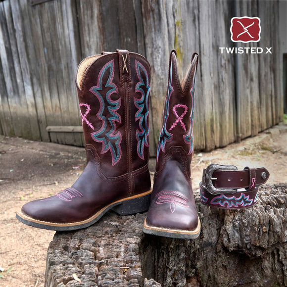 TWISTED X PINK RIBBON BELT - CHOCOLATE TRUFFLE/PINK/BLUE - Size 30.0