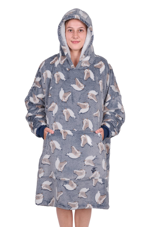 ADULTS HORSE SNUGGLE HOODIE - Grey/Blue - Size All