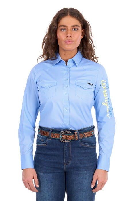 Wrangler Women’s Hazel Logo Western Long Sleeve Shirt, Blue, front