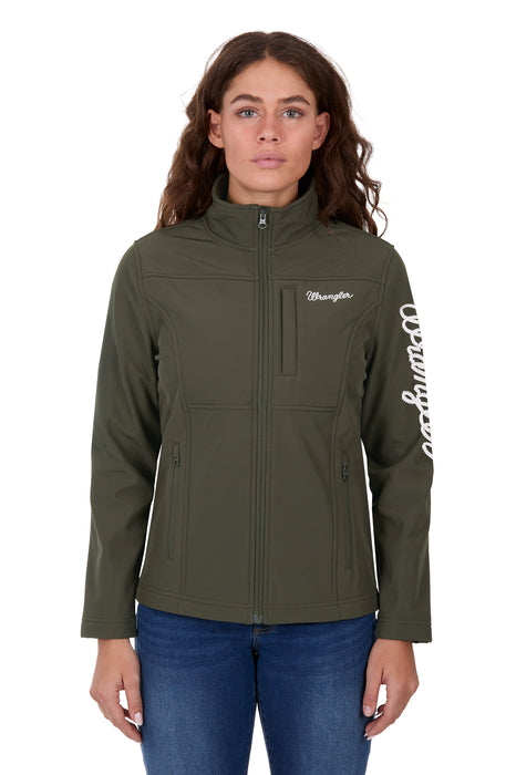 XCP2600900 Wrangler Women's Logo Softshell Jacket - Khaki/Light Pink - front